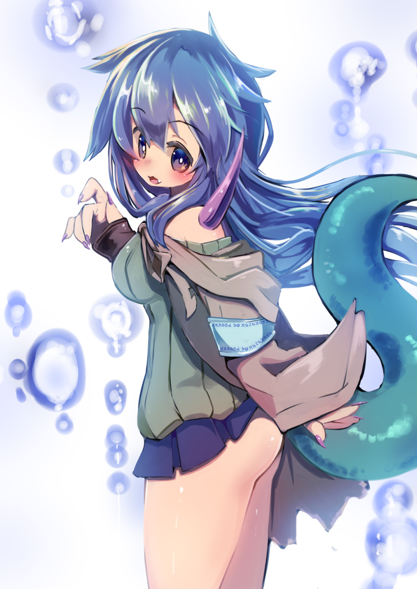 1girl absurdres ass blue_eyes blue_hair breasts canine claws duel_monster eria highres horn jacket large_breasts long_hair looking_at_viewer open_mouth pleated_skirt ribbed_sweater skirt smile solo sweater tail yaibaken yu-gi-oh!