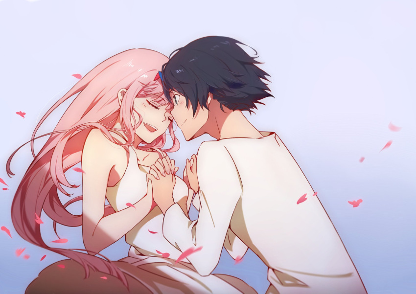 1boy 1girl bangs bare_shoulders black_hair blue_eyes blue_horns blush chenaze57 closed_eyes collarbone commentary_request couple darling_in_the_franxx face-to-face facing_another fang fingernails forehead-to-forehead fringe hair_ornament hairband hand_holding hetero highres hiro_(darling_in_the_franxx) horns long_hair looking_at_another nightgown oni_horns pajamas petals pink_hair red_horns short_hair sleeveless white_hairband white_pajamas zero_two_(darling_in_the_franxx)