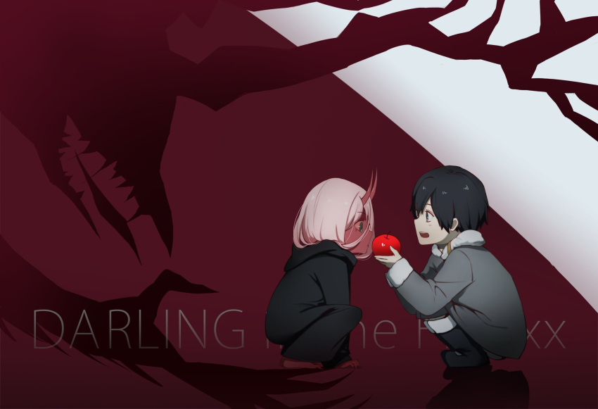 1boy 1girl apple barefoot black_cloak black_hair blue_eyes boots chenaze57 cloak coat commentary_request couple darling_in_the_franxx eyebrows_visible_through_hair facing_another food fruit fur_boots fur_trim green_eyes grey_coat hetero highres hiro_(darling_in_the_franxx) holding holding_fruit hood hooded_cloak horns long_hair looking_at_another oni_horns parka pink_hair red_horns red_pupils red_sclera red_skin short_hair spoilers squatting winter_clothes winter_coat younger zero_two_(darling_in_the_franxx)