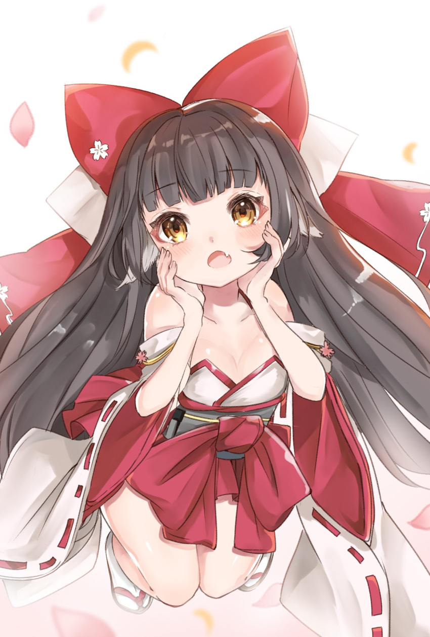 1girl azur_lane black_hair breasts cherry_blossoms cleavage collarbone commentary_request fang hands_on_own_cheeks hands_on_own_face harutsuki_(azur_lane) highres katsushika_pachi long_hair looking_at_viewer nontraditional_miko open_mouth small_breasts solo yellow_eyes