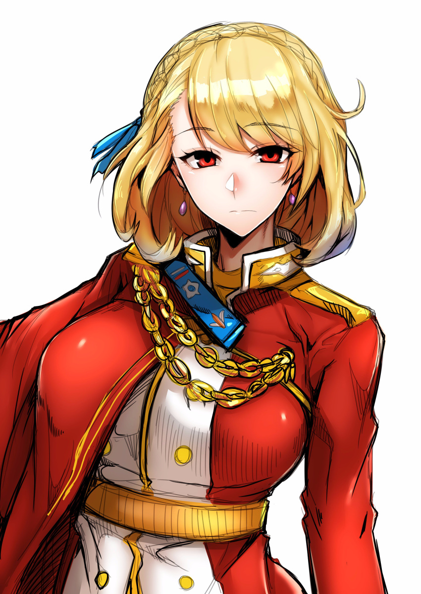 1girl absurdres aiguillette azur_lane bangs blonde_hair braid breasts commentary crown_braid earrings epaulettes eyebrows_visible_through_hair facing_viewer french_braid gggg hair_ornament highres jacket jewelry large_breasts looking_at_viewer military military_uniform prince_of_wales_(azur_lane) red_eyes red_jacket short_hair solo uniform