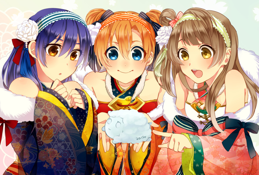 bangs bare_shoulders blue_eyes blue_hair blush brown_hair closed_mouth commentary_request double_bun floral_print flower gesho hair_between_eyes hair_flower hair_ornament highres holding japanese_clothes kimono kousaka_honoka long_hair long_sleeves love_live! love_live!_school_idol_festival love_live!_school_idol_project minami_kotori multiple_girls one_side_up open_mouth orange_hair pointing smile sonoda_umi wide_sleeves yellow_eyes