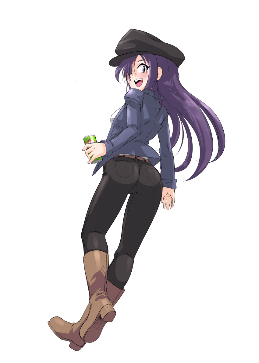 1girl :d ass belt bichosan black_pants blush boots brown_footwear burn_scar can casual commentary english_commentary full_body hair_over_one_eye hat highres holding holding_can ikezawa_hanako katawa_shoujo long_hair looking_at_viewer looking_back open_mouth pants purple_hair scar simple_background smile solo violet_eyes white_background