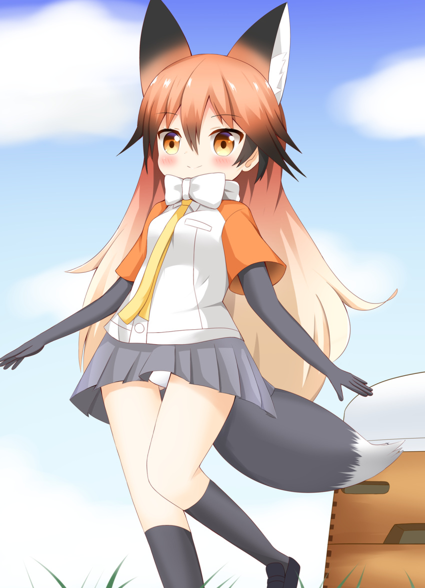 1girl animal_ears bangs black_footwear black_gloves black_hair black_legwear blonde_hair blue_sky blush bow breasts brown_eyes brown_hair closed_mouth clouds collared_shirt commentary_request day dress_shirt elbow_gloves eyebrows_visible_through_hair fox_ears fox_girl fox_tail gloves gluteal_fold gradient_hair grey_skirt hair_between_eyes highres kemono_friends kneehighs loafers looking_at_viewer multicolored_hair outdoors panties pleated_skirt red_fox_(kemono_friends) revision shin01571 shirt shoes short_sleeves skirt sky small_breasts smile solo standing standing_on_one_leg tail underwear vaulting_horse white_bow white_panties white_shirt