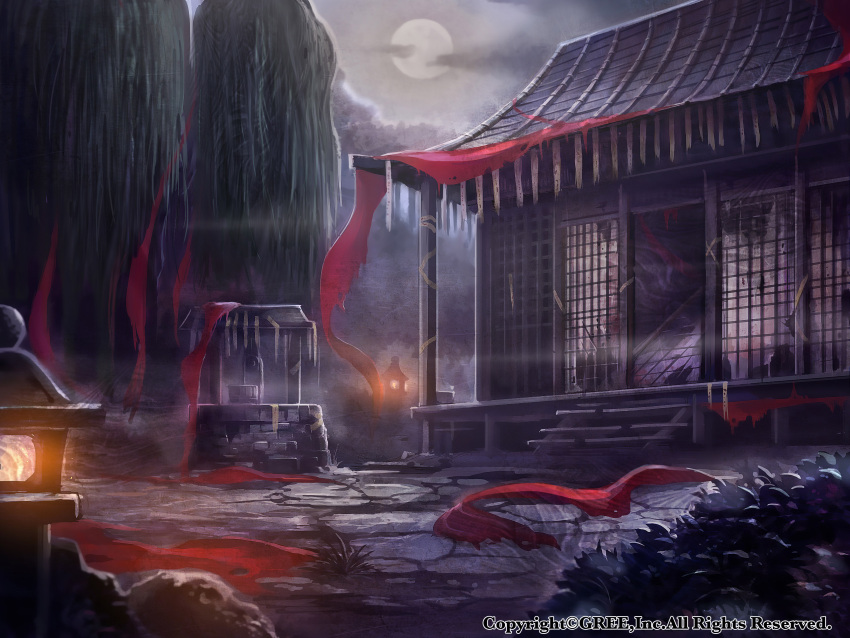 architecture bush clouds cloudy_sky commentary_request east_asian_architecture full_moon highres moon night no_humans official_art outdoors ruins scenery seisen_cerberus shrine sky stairs stone_lantern watermark well z.dk