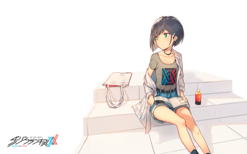 1girl blue_hair book breasts choker collarbone contemporary darling_in_the_franxx denim denim_shorts expressionless green_eyes hair_ornament hairclip highres ichigo_(darling_in_the_franxx) looking_away moriki navy_blue_legwear off_shoulder open_book shirt short_hair shorts sitting small_breasts socks solo t-shirt