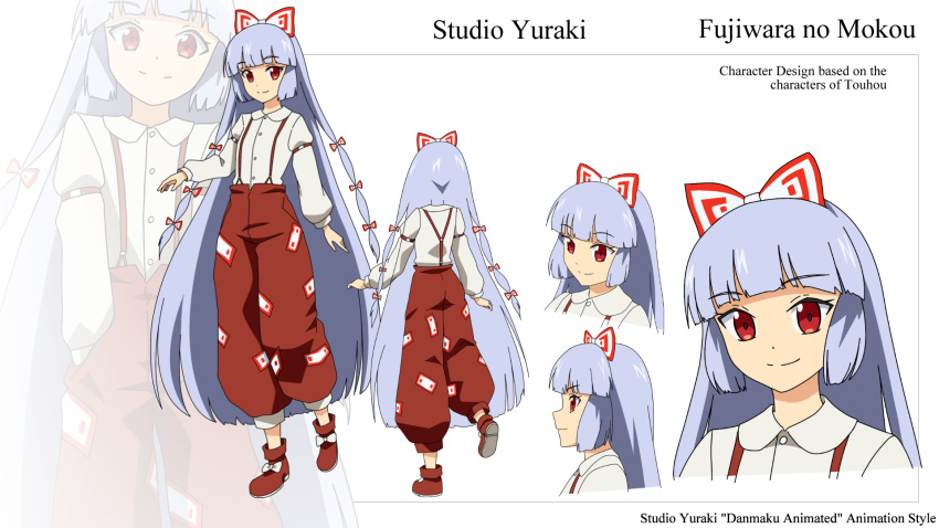 1girl ankle_boots artist_name baggy_pants bangs blouse blunt_bangs boots bow capri_pants character_name character_sheet closed_mouth collared_blouse danmaku!! dot_nose english eyebrows_visible_through_hair fujiwara_no_mokou grey_hair hair_bow hand_up hands_in_pockets high-waist_pants highres hime_cut long_hair long_sleeves looking_at_viewer multiple_views ofuda pants peter_pan_collar puffy_long_sleeves puffy_sleeves red_bow red_eyes red_footwear red_pants shoe_bow shoes sidelocks simple_background sleeve_garters smile standing studio_yuraki suspenders touhou turnaround very_long_hair walking white_background white_blouse white_bow zoom_layer
