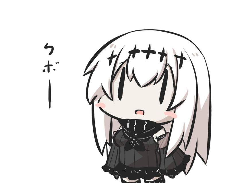 1girl aircraft_carrier_water_oni blush_stickers chibi commentary_request detached_sleeves goma_(gomasamune) hair_between_eyes hair_ornament highres kantai_collection long_hair neckerchief open_mouth shinkaisei-kan solo thigh-highs translated white_background white_hair wide_sleeves |_|