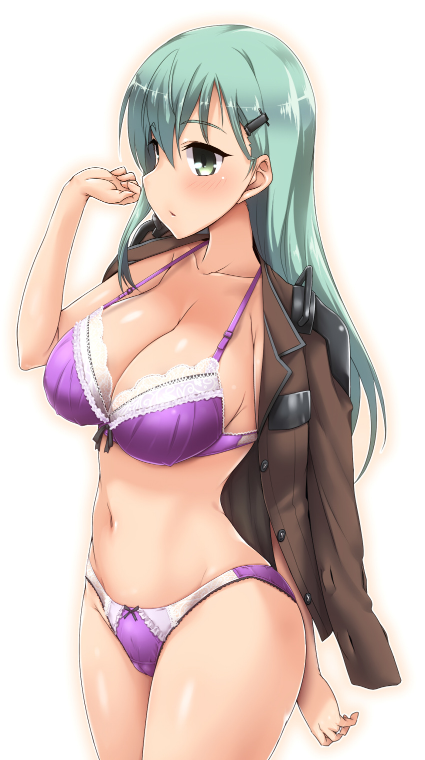 1girl absurdres aqua_hair arm_behind_back bra breasts cleavage collarbone commentary_request cowboy_shot eyebrows_visible_through_hair glint green_eyes hair_between_eyes hair_ornament hairclip highres jacket_on_shoulders jewelry kantai_collection lace lace-trimmed_bra large_breasts long_hair navel panties parted_lips purple_bra purple_panties ring simple_background solo suzuya_(kantai_collection) underwear wedding_ring white_background yoshi_tama