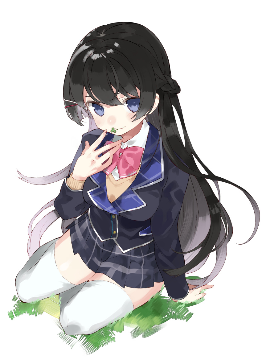 1girl absurdres arm_support black_hair black_jacket blush bow bowtie braid closed_mouth clover collared_shirt commentary_request french_braid grey_skirt hair_ornament hairclip hand_up hasegawa_(rarairairai) highres jacket long_hair long_sleeves looking_at_viewer nijisanji pink_neckwear shirt simple_background sitting skirt smile solo thigh-highs tsukino_mito vest violet_eyes virtual_youtuber white_background white_legwear white_shirt wing_collar yellow_vest yokozuwari