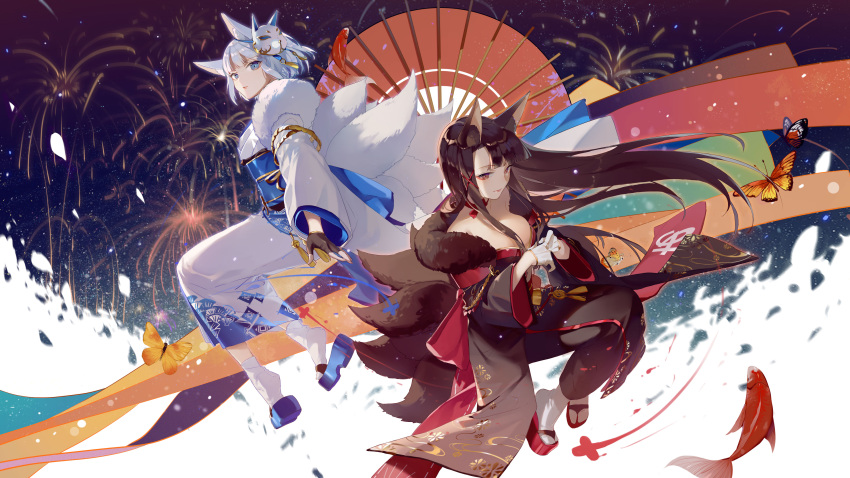 2girls absurdres aerial_fireworks akagi_(azur_lane) animal animal_ears azur_lane black_gloves blue_eyes blue_footwear breasts brown_eyes brown_hair brown_kimono bug butterfly closed_mouth commentary_request fingerless_gloves fireworks fish fox_ears fox_girl fox_mask fox_tail gloves hair_ornament highres insect japanese_clothes kaga_(azur_lane) kimono kyuubi long_hair long_sleeves mask mask_on_head medium_breasts multiple_girls multiple_tails platform_footwear red_footwear silver_hair sitting socks tabi tail very_long_hair white_gloves white_kimono white_legwear wide_sleeves x_hair_ornament zhibuji_loom zouri