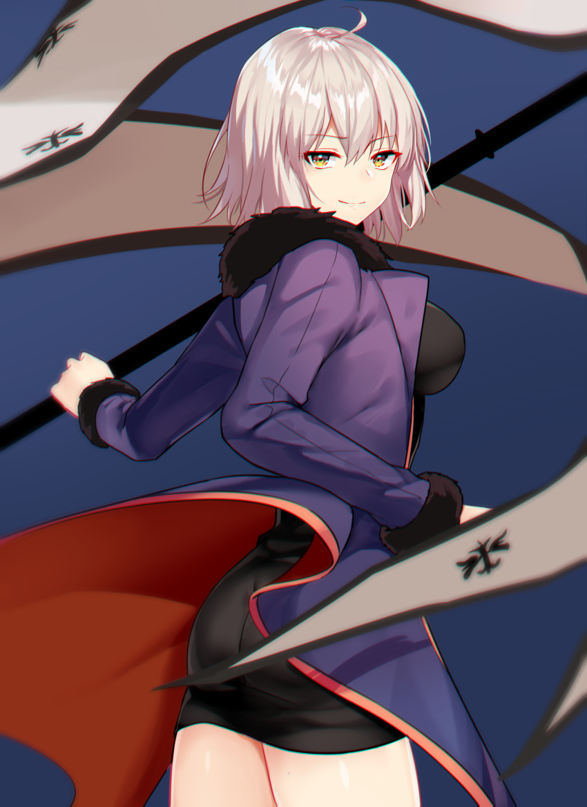 1girl ahoge ass black_dress blue_background blue_jacket closed_mouth coat cowboy_shot dress fate/grand_order fate_(series) flag fur-trimmed_coat fur-trimmed_jacket fur-trimmed_sleeves fur_collar fur_trim highres holding holding_flag jacket jeanne_d'arc_(alter)_(fate) jeanne_d'arc_(fate)_(all) open_clothes open_coat sada_(sadahalu) short_dress short_hair silver_hair simple_background solo wicked_dragon_witch_ver._shinjuku_1999 yellow_eyes