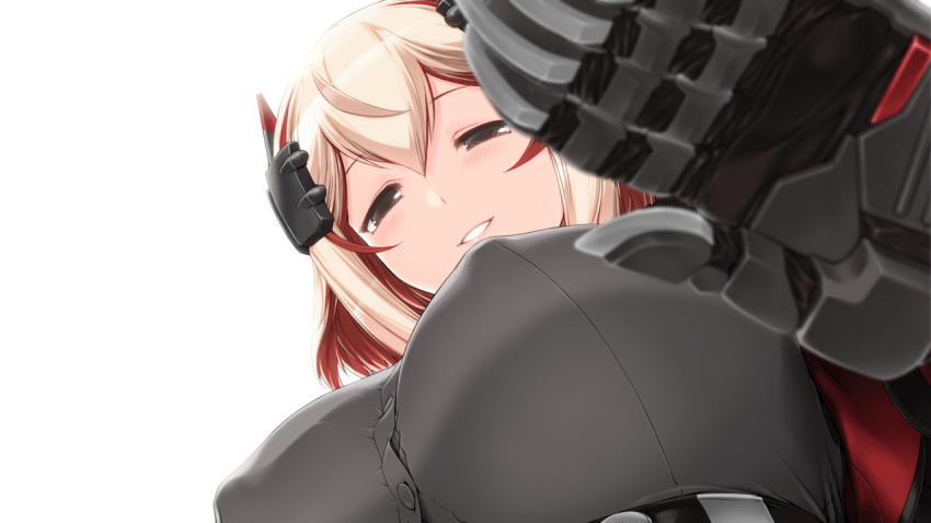 1girl azur_lane bangs blonde_hair blurry blush breasts brown_eyes buttons cyborg depth_of_field dress_shirt erect_nipples eyebrows eyebrows_visible_through_hair from_below grey_shirt hair_between_eyes half-closed_eyes headgear large_breasts looking_at_viewer miss_black multicolored_hair redhead robot_joints roon_(azur_lane) shirt short_hair simple_background smile solo streaked_hair two-tone_hair upper_body white_background