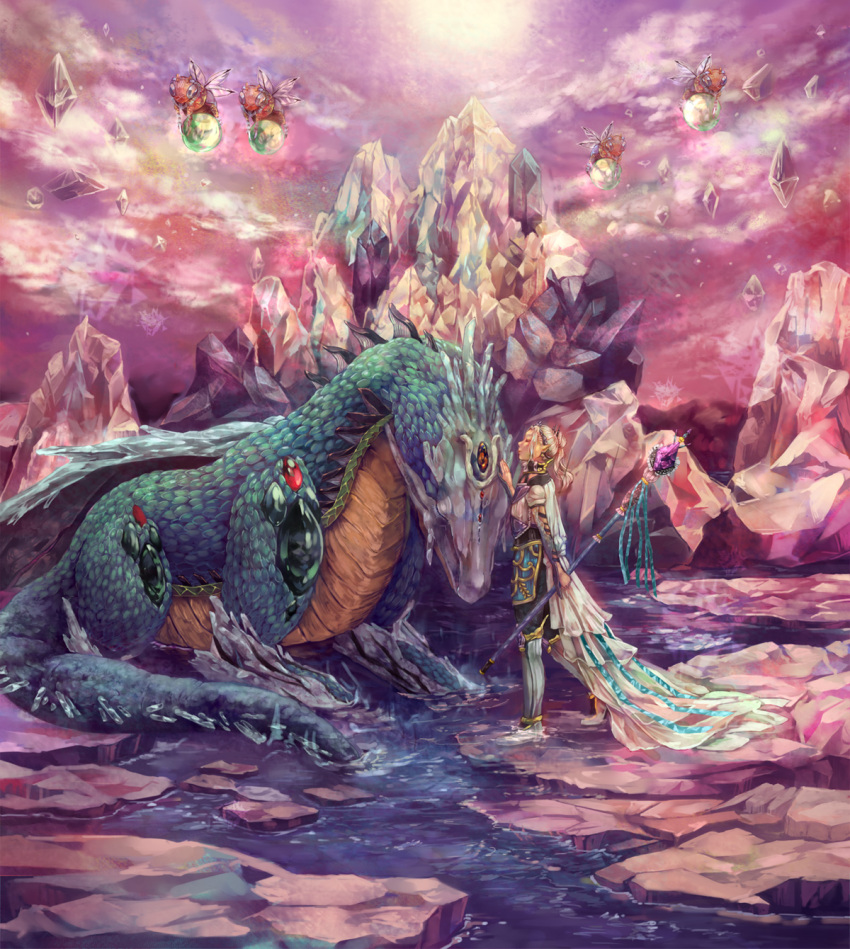 1girl armor armored_boots blue_ribbon boots bug cape closed_eyes diamond dragon fantasy fly flying gem giant_insect hand_on_another's_head highres holding holding_staff insect konomi_(lovecrab) original partially_submerged purple_sky ribbon sky staff standing water white_cape