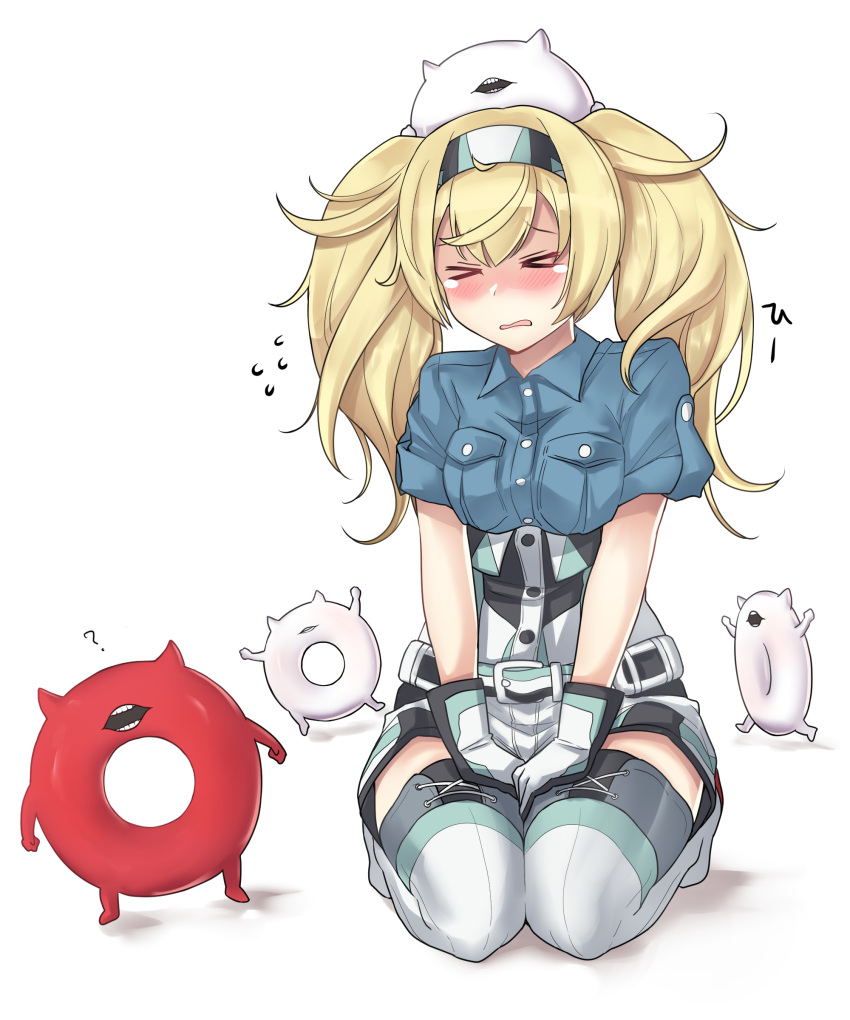 &gt;_&lt; 1girl ? absurdres blonde_hair blue_shirt blush breast_pocket buttons enemy_lifebuoy_(kantai_collection) gambier_bay_(kantai_collection) gloves highres kantai_collection kiritto long_hair multicolored multicolored_clothes multicolored_gloves open_mouth pocket shinkaisei-kan shirt short_sleeves shorts simple_background solo tears thigh-highs twintails white_background white_shorts