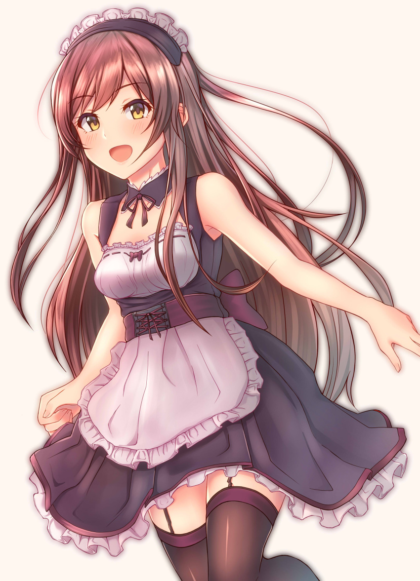 1girl :d absurdres apron back_bow bangs black_legwear black_ribbon black_skirt blush bow brown_bow brown_hair choker eyebrows_visible_through_hair frilled_skirt frills garter_straps hair_between_eyes highres idolmaster idolmaster_shiny_colors keffiy long_hair maid maid_headdress miniskirt neck_ribbon oosaki_amana open_mouth ribbon shiny shiny_clothes simple_background skirt sleeveless smile solo standing thigh-highs very_long_hair white_apron white_background yellow_eyes