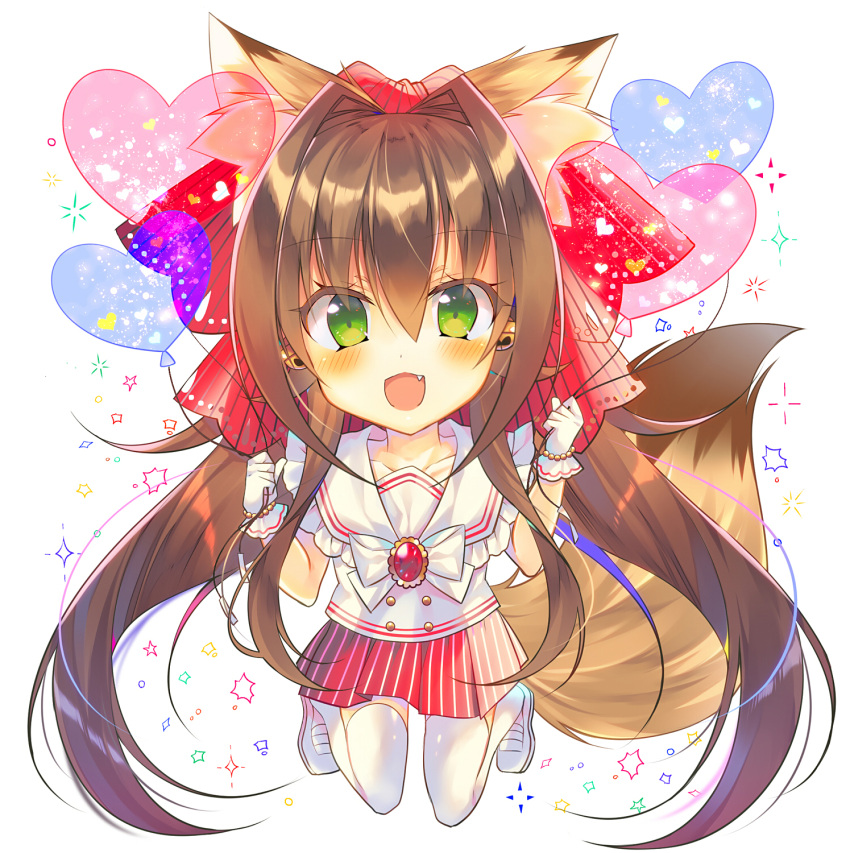 1girl :d animal_ears balloon bangs bell blush brown_hair chibi commentary_request eyebrows_visible_through_hair fang fox_ears fox_girl fox_tail gloves green_eyes hair_bell hair_between_eyes hair_intakes hair_ornament heart heart_balloon highres holding_balloon jingle_bell kneeling long_hair monaka_natsume open_mouth original pleated_skirt red_skirt sailor_collar school_uniform serafuku shirt shoes simple_background skirt smile solo striped tail thigh-highs uwabaki vertical-striped_skirt vertical_stripes very_long_hair white_background white_footwear white_gloves white_legwear white_sailor_collar white_shirt