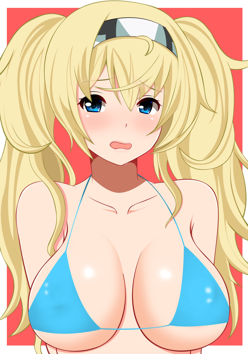 1girl blonde_hair blue_bikini_top blue_eyes breasts breasts_apart collarbone gambier_bay_(kantai_collection) hair_between_eyes hairband hifumi_kei highres kantai_collection large_breasts long_hair looking_at_viewer solo twintails wavy_mouth