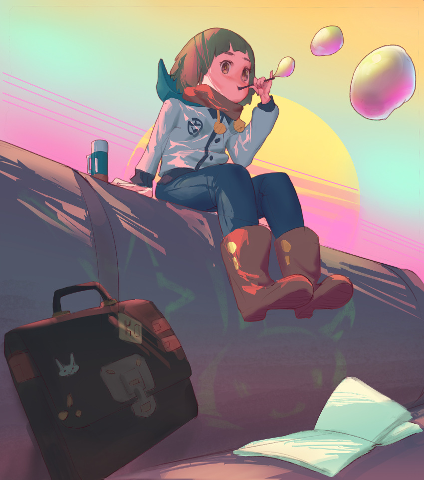 1girl absurdres book briefcase brown_eyes brown_footwear brown_hair bubble_blowing error full_body highres jacket kill_la_kill mankanshoku_mako open_book outisde pants red_scarf scarf short_hair sitting solo sticker sun sunset thermos