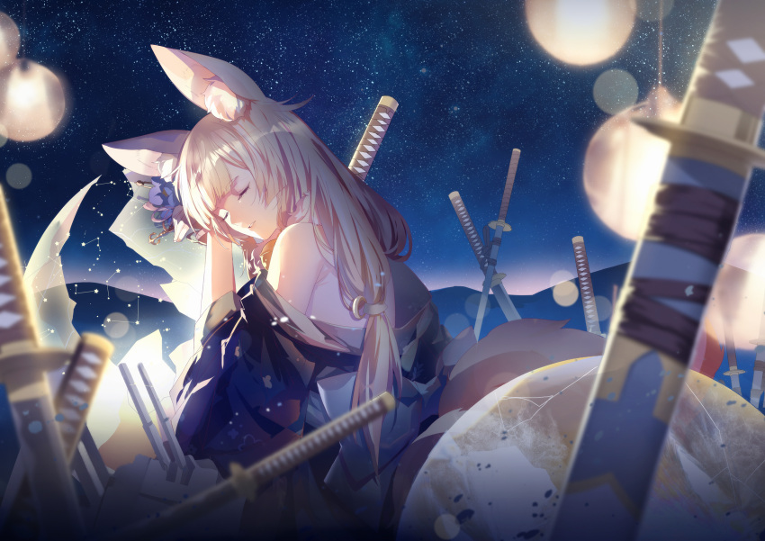 1girl animal_ears azur_lane bangs bare_shoulders bell blonde_hair breasts chinese_commentary closed_eyes eyebrows_visible_through_hair flower fox_ears fox_tail hair_flower hair_ornament highres japanese_clothes jingle_bell katana kimono light_particles lights lingcat long_hair multiple_swords multiple_tails night niizuki_(azur_lane) off_shoulder parted_lips resting sidelocks sky solo star_(sky) starry_sky sword tail weapon wide_sleeves