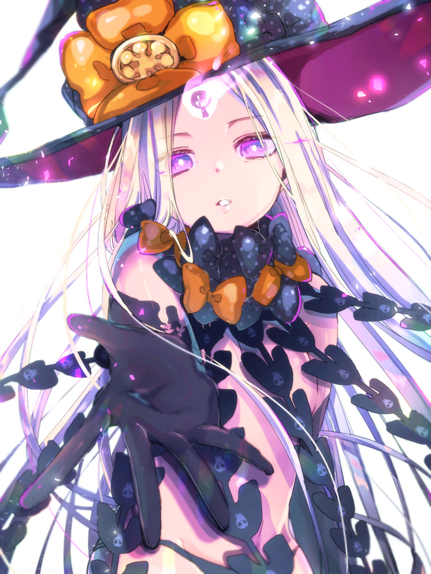 1girl abigail_williams_(fate/grand_order) bangs black_bow black_gloves black_hat black_panties bow commentary_request elbow_gloves fate/grand_order fate_(series) gloves glowing hat hat_bow head_tilt highres long_hair looking_at_viewer orange_bow outstretched_arm panties parted_bangs parted_lips polka_dot polka_dot_bow revealing_clothes revision signature silver_hair simple_background skull_print sofra solo topless underwear very_long_hair violet_eyes white_background witch_hat