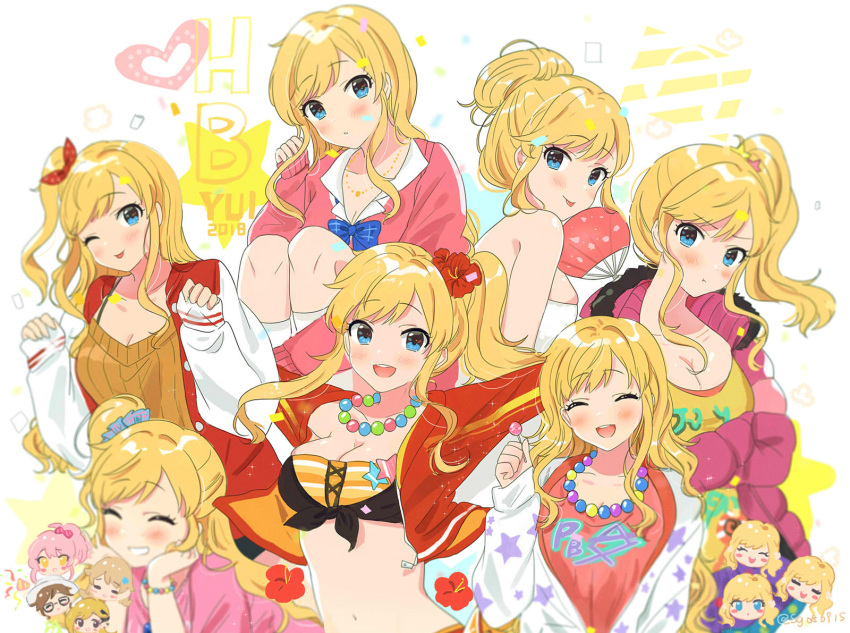1girl :p :t ;p bangs bead_bracelet bead_necklace beads bikini blonde_hair blue_bow blue_eyes blush bow bracelet breasts candy chibi chin_rest cleavage closed_eyes cropped_jacket crossed_arms eyebrows_visible_through_hair fan flower food grin hair_bun hair_flower hair_ornament hibiscus highres idolmaster idolmaster_cinderella_girls idolmaster_cinderella_girls_starlight_stage jacket jewelry layered_bikini leg_hug letterman_jacket lollipop long_hair long_sleeves looking_at_viewer medium_breasts multiple_views naked_towel navel necklace one_eye_closed ootsuki_yui open_clothes open_jacket open_mouth orange_bikini outstretched_arms pink_shirt ponytail pout red_jacket scrunchie shirt side_ponytail sidelocks sleeves_past_wrists smile star star_hair_ornament strapless strapless_bikini striped striped_bikini swept_bangs swimsuit tomato_omurice_melon tongue tongue_out towel wavy_hair