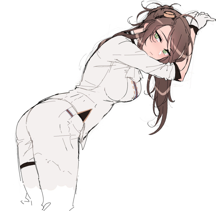 1girl :| ass bent_over braid breasts brown_hair closed_mouth cowboy_shot doodle eyebrows_visible_through_hair french_braid from_side girls_frontline gloves green_eyes gun hair_ornament head_down head_tilt highres jacket large_breasts leaning leaning_forward lee-enfield_(girls_frontline) long_hair looking_at_viewer military military_uniform ndgd pants personification rifle sketch sleeves_rolled_up solo standing uniform weapon white_gloves white_jacket white_neckwear white_pants