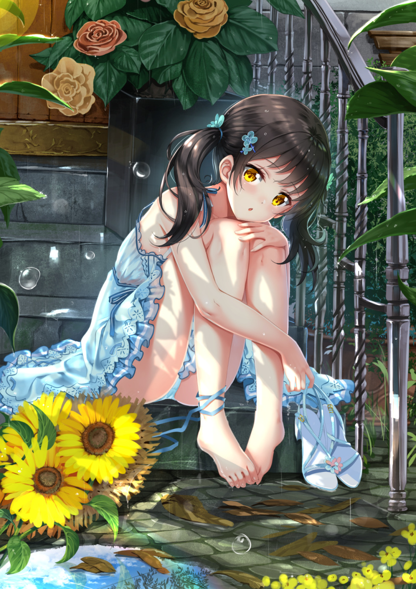 1girl bangs bare_arms bare_shoulders barefoot black_hair blue_dress blue_panties blue_sky blush brown_eyes brown_flower brown_rose clouds commentary_request dress eyebrows_visible_through_hair flower hair_ornament hand_on_own_knee head_tilt highres holding_footwear long_hair original outdoors panties parted_lips pigeon-toed plant pot potted_plant puddle railing rain reflection rose sandals_removed sitting sitting_on_stairs sky sleeveless sleeveless_dress solo stairs stone_stairs sunflower swordsouls toenails twintails underwear water wet white_footwear yellow_flower