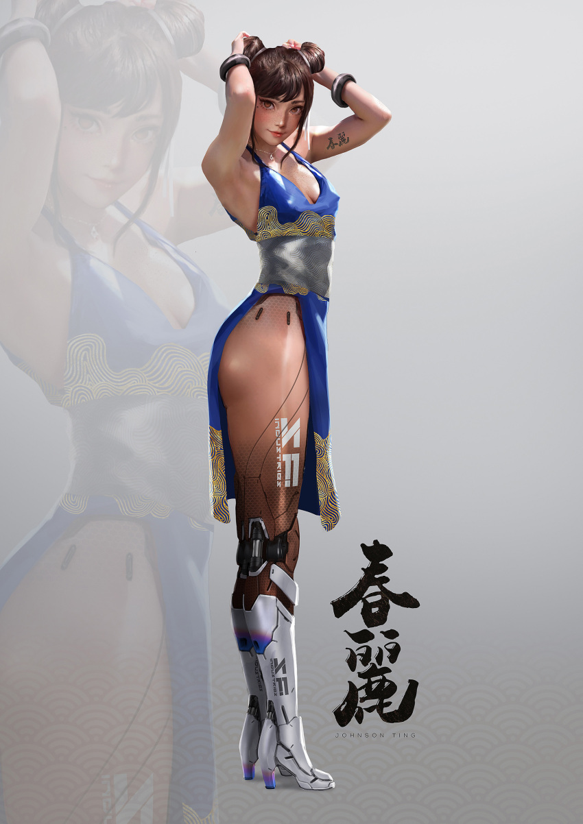1girl absurdres adapted_costume arm_tattoo blue_dress bracelet breasts brown_eyes brown_hair chun-li commentary commentary_request cyborg double_bun dress english_commentary erect_nipples full_body high_heels highres jewelry johnson_ting lips looking_at_viewer mechanical_legs robot_joints sash short_hair sleeveless sleeveless_dress small_breasts solo strap_gap street_fighter tattoo zoom_layer