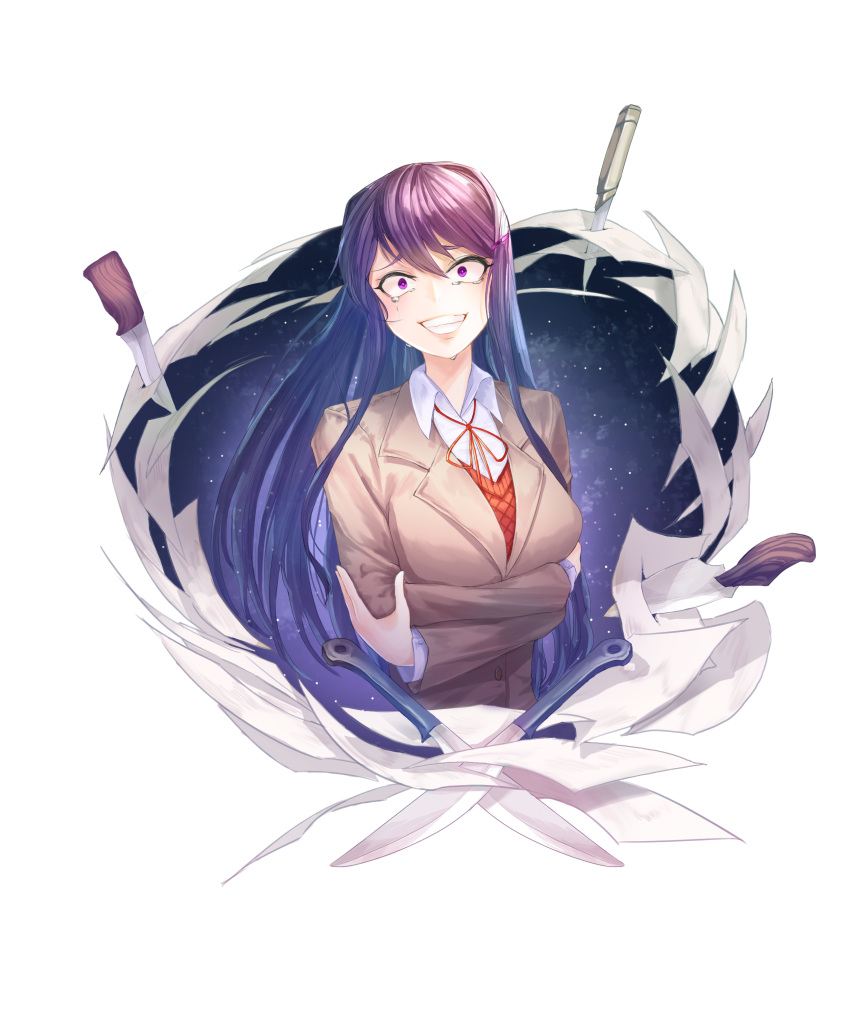 1girl :d absurdres commentary constricted_pupils crazy_eyes doki_doki_literature_club english_commentary grin hair_between_eyes hair_ornament hairclip highres long_hair looking_at_viewer miwerjooggetser open_mouth paper purple_hair school_uniform self_hug simple_background smile solo tears teeth violet_eyes white_background yuri_(doki_doki_literature_club)