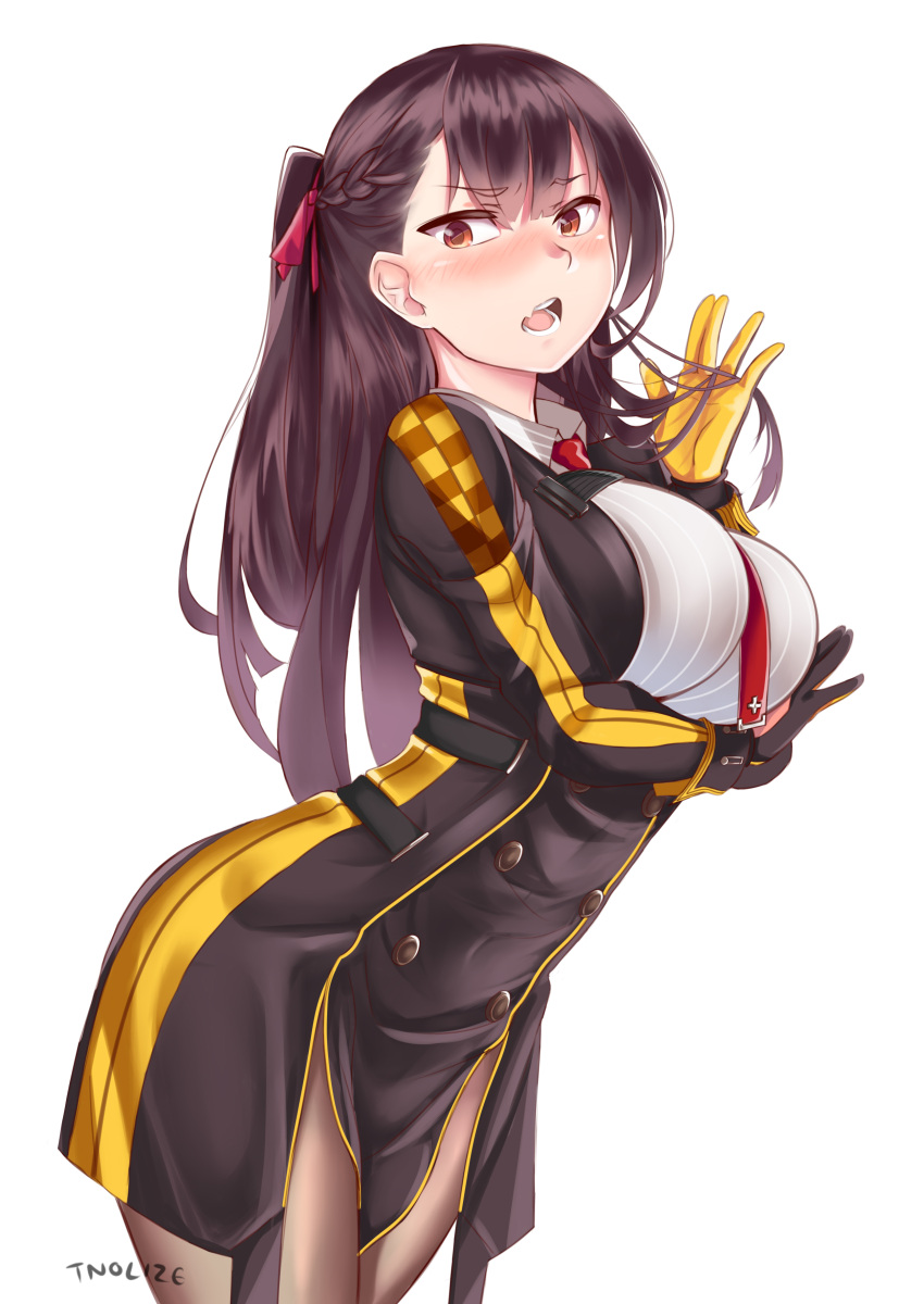 1girl absurdres bangs black_legwear blazer blush breasts brown_hair covering covering_crotch eyebrows_visible_through_hair framed_breasts girls_frontline gloves gusset hair_ribbon half_updo hand_in_hair hand_on_own_chest head_tilt highres jacket large_breasts leaning_forward long_hair looking_at_viewer necktie one_side_up open_mouth pantyhose pelvic_curtain purple_hair red_eyes red_neckwear red_ribbon ribbon shirt sidelocks signature simple_background skirt solo sweatdrop thighband_pantyhose thighs tnolize very_long_hair wa2000_(girls_frontline) white_background