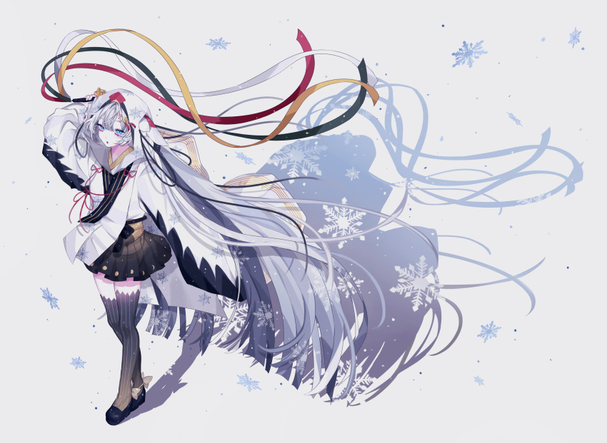 1girl absurdres bangs bell blue_eyes hatsune_miku highres jingle_bell kagura_suzu long_hair looking_at_viewer musical_note musical_note_hair_ornament musical_note_print open_mouth pleated_skirt shadow silver_hair skirt snowflakes solo striped striped_legwear thigh-highs vertical-striped_legwear vertical_stripes very_long_hair vocaloid white_background yuki_miku