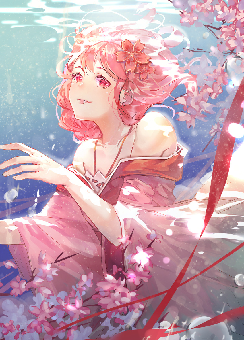 1girl absurdres bare_shoulders flower hair_flower hair_ornament highres joan82610 long_hair looking_at_viewer pink_eyes pink_hair solo underwater wide_sleeves