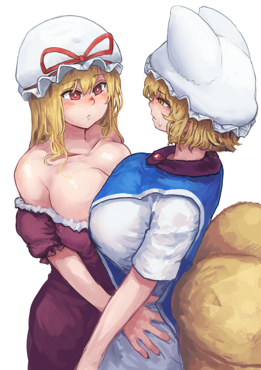 2girls absurdres animal_ears blonde_hair breast_press breasts bright_pupils chanta_(ayatakaoisii) cleavage commentary_request dress eye_contact fox_ears fox_tail from_side hands_on_another's_hips hat highres large_breasts long_hair looking_at_another multiple_girls multiple_tails off_shoulder pillow_hat red_dress red_eyes red_ribbon ribbon shirt short_hair short_sleeves simple_background symmetrical_docking tabard tail touhou white_background white_hat white_shirt yakumo_ran yakumo_yukari