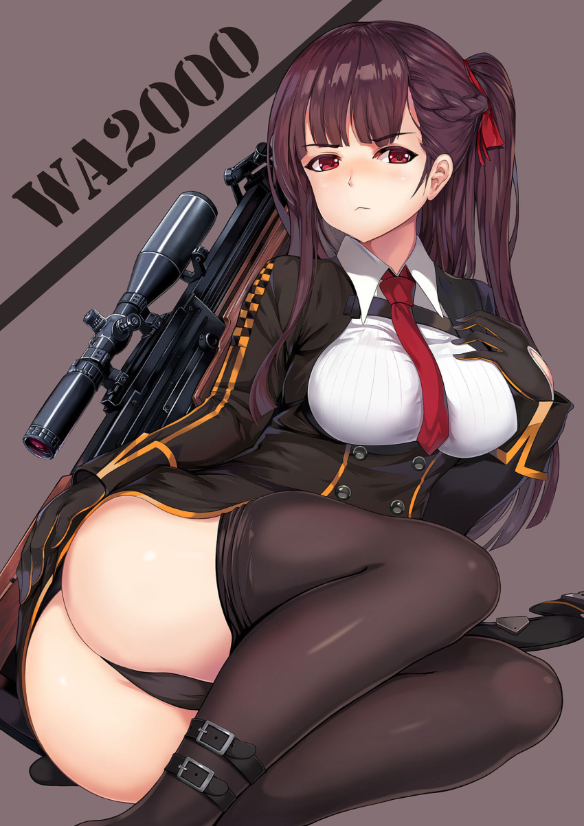 1girl :&lt; ass bangs beluga_dolphin black_legwear black_panties blazer blush braid breasts brown_hair bullpup character_name commentary eyebrows_visible_through_hair framed_breasts french_braid girls_frontline gloves gun hair_ribbon half_updo hand_on_ass hand_on_own_chest head_tilt highres jacket large_breasts leg_strap long_hair looking_at_viewer lying necktie on_side one_side_up panties pantyhose pantyhose_pull pelvic_curtain purple_background purple_hair red_eyes red_neckwear red_ribbon ribbon rifle shirt sidelocks simple_background skirt sniper_rifle solo thighband_pantyhose thighs underwear very_long_hair wa2000_(girls_frontline) walther walther_wa_2000 weapon