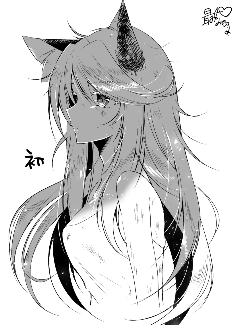 1girl animal_ears bangs bare_shoulders blush breasts bruise closed_mouth eyebrows_visible_through_hair greyscale hair_between_eyes heart highres injury long_hair looking_away medium_breasts monaka_natsume monochrome original shirt signature sleeveless sleeveless_shirt solo translation_request very_long_hair wolf_ears