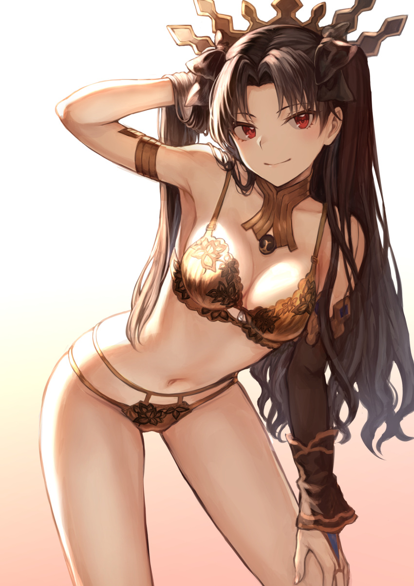 1girl arm_up armlet bangs bare_shoulders black_bow black_hair black_ribbon blush bow bra breasts bridal_gauntlets collarbone commentary_request detached_collar detached_sleeves earrings fate/grand_order fate_(series) gradient gradient_background hair_bow hair_ribbon hand_in_hair highres hips hoop_earrings ishtar_(fate/grand_order) jewelry leaning_forward long_hair looking_at_viewer mashu_003 medium_breasts navel neck_ring panties parted_bangs red_eyes ribbon single_sleeve smile solo thighs tiara tohsaka_rin two_side_up underwear underwear_only waist yellow_bra yellow_panties