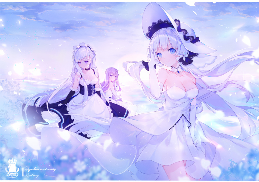 3girls azur_lane bare_shoulders belfast_(azur_lane) bird black_ribbon blue_dress blue_eyes blue_sky breasts cleavage closed_mouth clouds collarbone commentary_request copyright_name day dress elbow_gloves gloves hair_bun hair_ribbon hat highres illustrious_(azur_lane) large_breasts long_hair maid maid_headdress miyuki_(miyuki0529) multiple_girls object_hug outdoors purple_hair ribbon side_bun silver_hair sky sleeveless sleeveless_dress smile strapless strapless_dress stuffed_animal stuffed_pegasus stuffed_toy stuffed_unicorn unicorn_(azur_lane) violet_eyes white_dress white_gloves white_hat