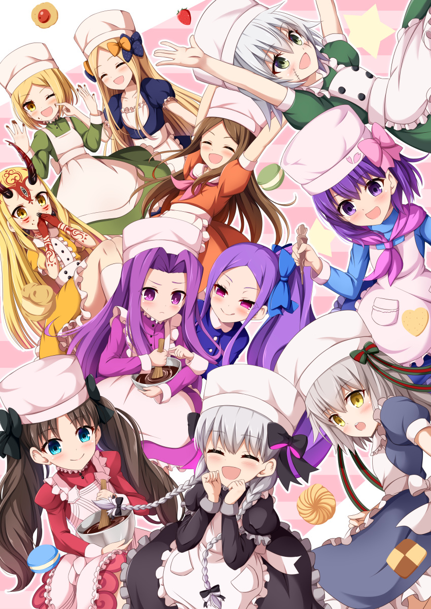 6+girls :d :q ;d \o/ ^_^ abigail_williams_(fate/grand_order) absurdres alternate_costume arms_up blonde_hair blue_eyes bow bowl braid brown_hair character_request chocolate closed_eyes commentary_request enmaided eyebrows_visible_through_hair fate_(series) green_eyes hat highres ibaraki_douji_(fate/grand_order) jack_the_ripper_(fate/apocrypha) jeanne_d'arc_(fate)_(all) jeanne_d'arc_alter_santa_lily long_hair maid matou_sakura morokoshi_(tekku) multiple_girls nursery_rhyme_(fate/extra) one_eye_closed open_mouth outstretched_arms paul_bunyan_(fate/grand_order) pixiv_fate/grand_order_contest_2 purple_hair short_hair silver_hair smile tohsaka_rin tongue tongue_out twintails very_long_hair violet_eyes yellow_eyes younger