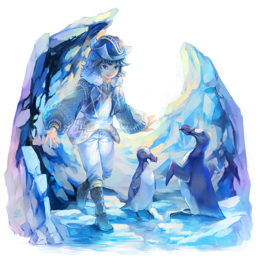 1boy blue_eyes blue_hair boots commentary_request dated fur_trim great_auk hat highres ice jacket koya10305 long_sleeves making_of male_focus original pants signature smile standing standing_on_one_leg walking white_pants