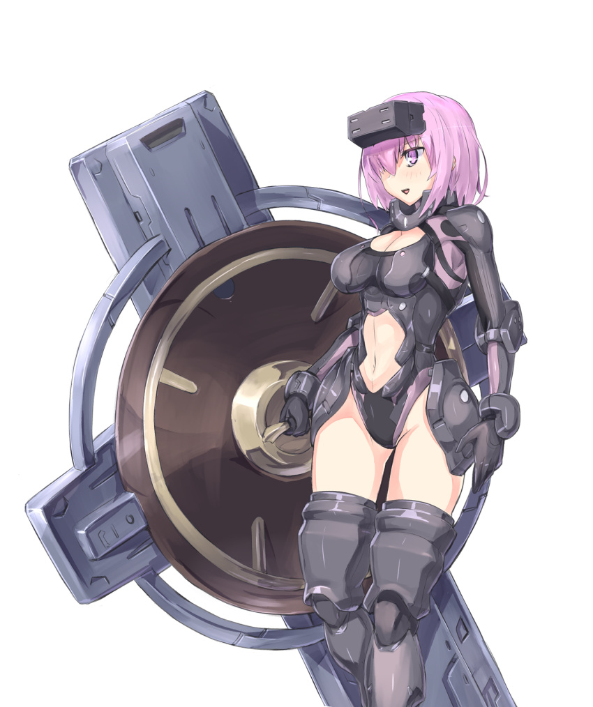 1girl armor bangs black_armor black_legwear black_leotard breasts cleavage depo_(typebaby505) fate/grand_order fate_(series) gloves gorget hair_over_one_eye highres lavender_hair leotard mash_kyrielight midriff ortenaus pauldrons shield short_hair solo standing thigh-highs violet_eyes vr_visor