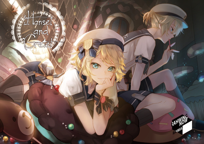1boy 1girl artist_name beret blonde_hair blue_eyes blue_ribbon bracelet candy chin_rest chocolate claws dutch_angle emblem evil_smile fingernails food giant_food half-closed_eyes hand_on_own_chin hansel_and_gretel hat hat_ribbon head_rest jewelry kagamine_len kagamine_rin kneehighs looking_at_viewer lying macaron muffin on_stomach oven pocky profile rahwia ribbon sailor_collar sharp_fingernails short_hair short_ponytail shorts sitting smile socks sprinkles thigh-highs treble_clef vocaloid when_you_see_it window zettai_ryouiki