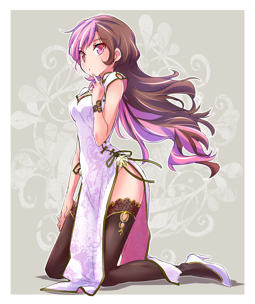 1girl black_legwear breasts brown_hair china_dress chinese_clothes commentary_request dress finger_to_mouth full_body hand_on_own_thigh high_heels highres iesupa kneeling long_hair medium_breasts multicolored_hair neo_(rwby) pelvic_curtain pink_eyes pink_hair rwby side_slit solo thigh-highs two-tone_hair white_dress wristband