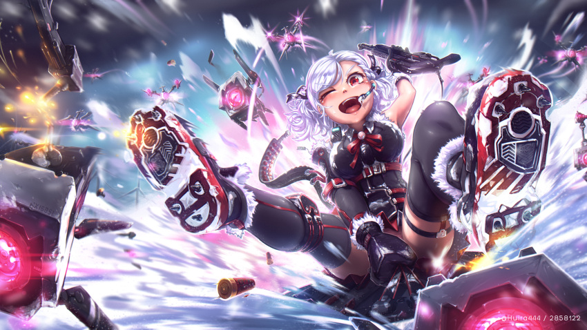 1girl black_legwear breasts commentary_request dinergate_(girls_frontline) girls_frontline gloves hair_ribbon headset highres huira444 knee_pads large_breasts one_eye_closed red_eyes ribbon shotgun_shells silver_hair sledding smile snow spas-12_(girls_frontline) spiked_boots thigh-highs twintails
