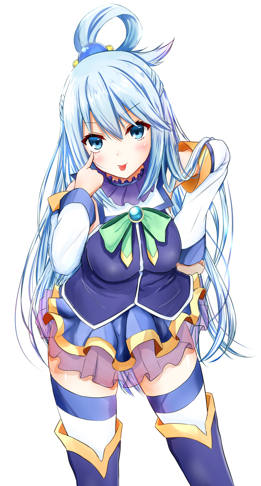 1girl absurdres akanbe aqua_(konosuba) blue_eyes blue_hair bow breasts detached_sleeves ex_idol frills hair_rings highres kono_subarashii_sekai_ni_shukufuku_wo! long_hair looking_at_viewer medium_breasts shiny shiny_hair solo thigh-highs tongue tongue_out very_long_hair white_background