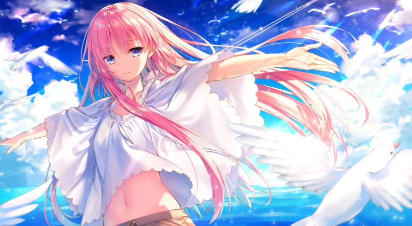 1girl animal bangs bird blue_sky closed_mouth clouds commentary_request copyright_request day dengeki_bunko eyebrows_visible_through_hair hair_between_eyes horizon long_hair looking_at_viewer navel ocean outdoors outstretched_arms pink_hair poncho sky smile solo spread_arms toosaka_asagi very_long_hair violet_eyes water