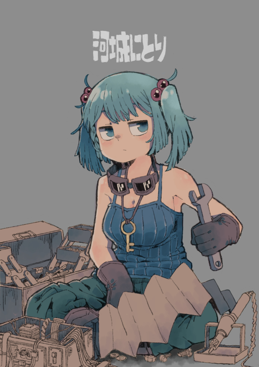 1girl absurdres aqua_hair breasts camisole character_name cleavage goggles hair_bobbles hair_ornament highres kawashiro_nitori no_hat no_headwear pants screw screwdriver sinchan1228 sitting soldering_iron solo toolbox touhou twintails work_gloves wrench