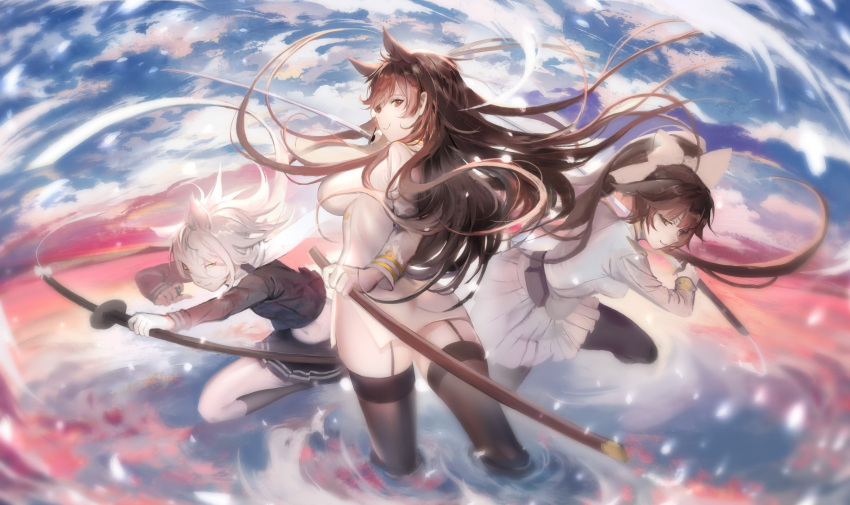3girls absurdres animal_ears ass atago_(azur_lane) azur_lane bangs black_legwear black_shirt black_skirt bow breasts brown_eyes brown_hair cat_ears closed_mouth commentary_request dress eyebrows_visible_through_hair gloves hair_between_eyes hair_bow high_ponytail highres holding holding_sheath holding_sword holding_weapon jacket katana kneehighs large_breasts long_hair long_sleeves looking_at_viewer looking_back maya_(azur_lane) military military_jacket military_uniform multiple_girls outstretched_arm pantyhose pleated_skirt ponytail profile sa'yuki sheath sheathed shirt silver_hair skirt smile standing standing_on_one_leg sword takao_(azur_lane) thigh-highs uniform unsheathed very_long_hair wading water weapon white_bow white_dress white_gloves white_jacket white_skirt