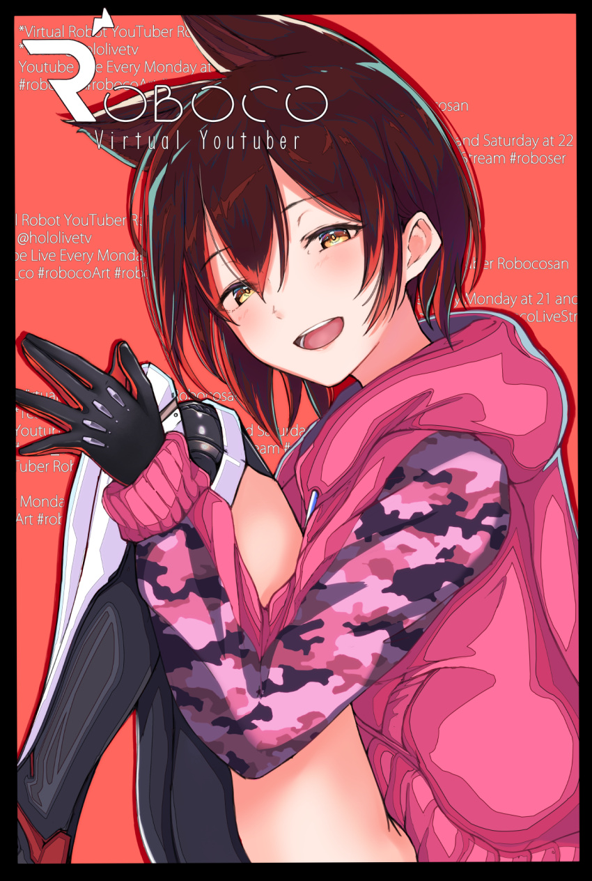 1girl :d animal_ears black_border black_gloves border brown_hair character_name feet_out_of_frame gloves highres hood hood_down hoodie kisaragi_chiyuki light_brown_eyes looking_at_viewer looking_to_the_side open_mouth orange_background roboco-san roboco_ch. short_hair smile solo virtual_youtuber