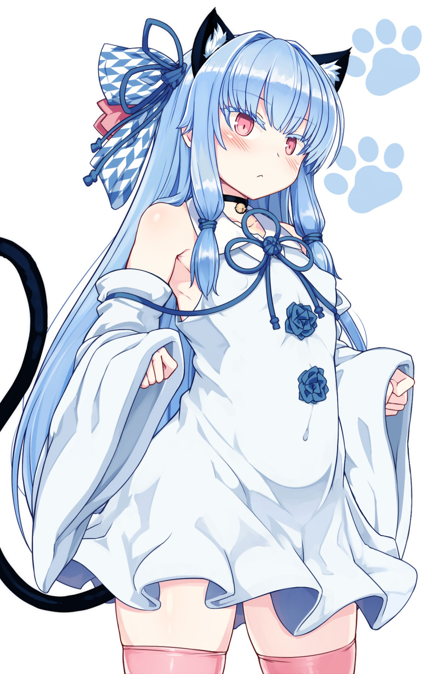 1girl animal_ears bangs bare_shoulders bell bell_collar blue_eyes blue_hair blunt_bangs blush bow cat_ears cat_tail collar covered_navel detached_sleeves dress eyelashes hair_bow hair_ribbon highres kotonoha_aoi long_hair null_(nyanpyoun) pink_legwear red_eyes ribbon sleeveless sleeveless_dress solo tail thigh-highs voiceroid white_background wide_sleeves